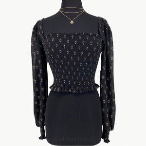 NWT Free People Women's Boho Smocked Bodice Long Sleeve Blouse Sz Medium, Black
